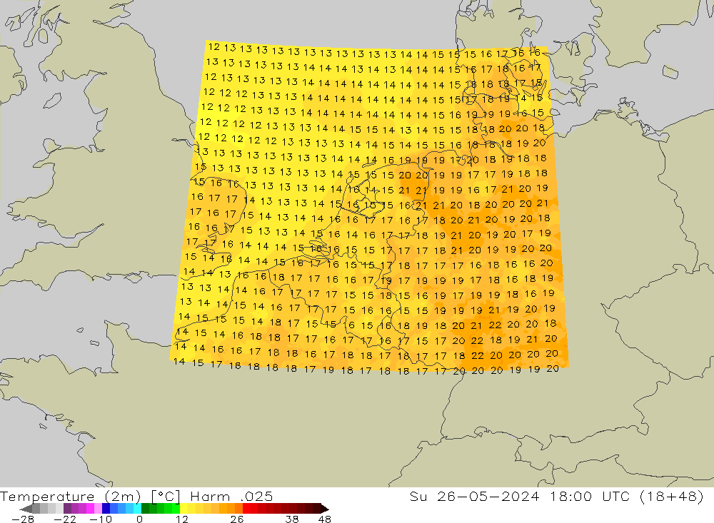 Temperaturkarte (2m) Harm .025 So 26.05.2024 18 UTC