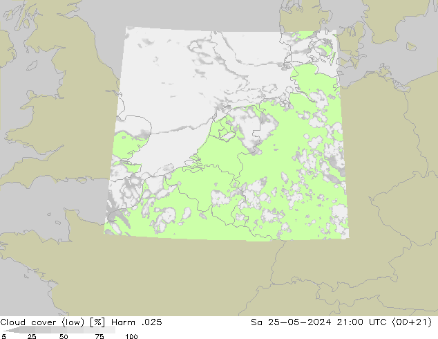 Cloud cover (low) Harm .025 Sa 25.05.2024 21 UTC