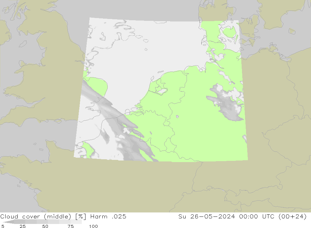 Cloud cover (middle) Harm .025 Su 26.05.2024 00 UTC