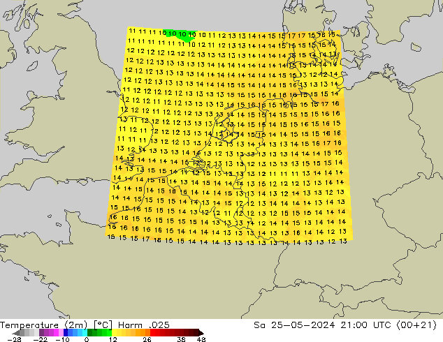 mapa temperatury (2m) Harm .025 so. 25.05.2024 21 UTC