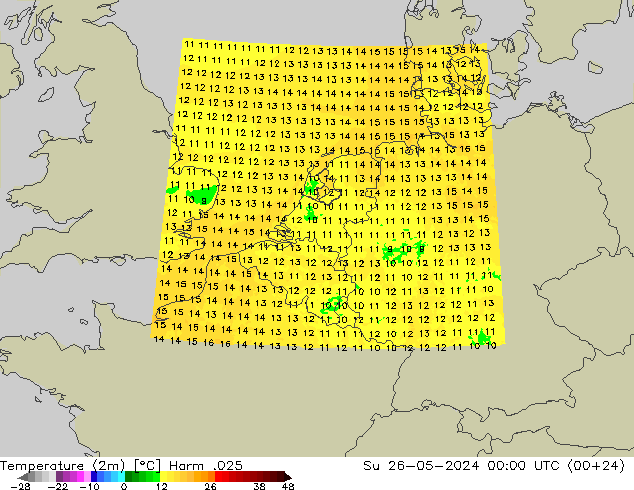 Temperatura (2m) Harm .025 Dom 26.05.2024 00 UTC