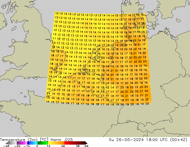 Temperatuurkaart (2m) Harm .025 zo 26.05.2024 18 UTC