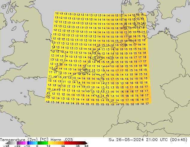 Sıcaklık Haritası (2m) Harm .025 Paz 26.05.2024 21 UTC
