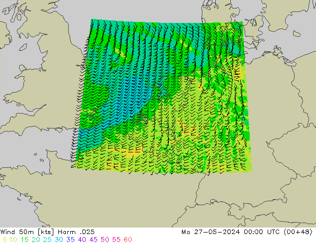 Viento 50 m Harm .025 lun 27.05.2024 00 UTC