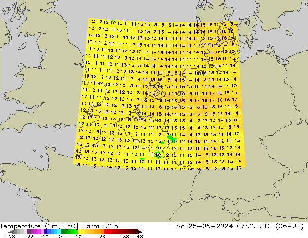 mapa temperatury (2m) Harm .025 so. 25.05.2024 07 UTC