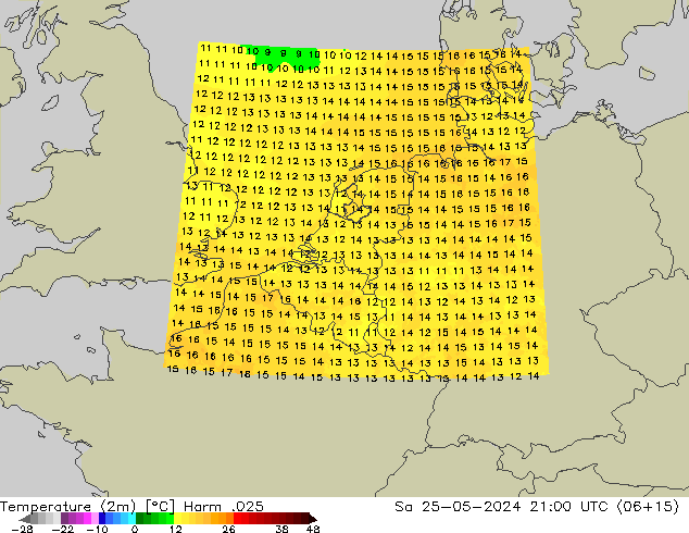 Temperatuurkaart (2m) Harm .025 za 25.05.2024 21 UTC