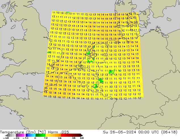 Temperature (2m) Harm .025 Su 26.05.2024 00 UTC