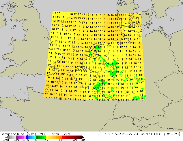 Temperatuurkaart (2m) Harm .025 zo 26.05.2024 02 UTC