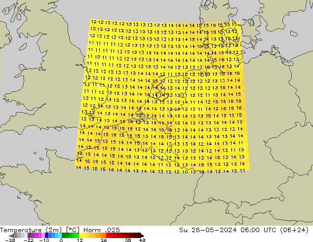 mapa temperatury (2m) Harm .025 nie. 26.05.2024 06 UTC