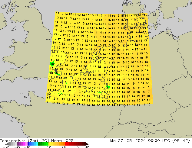 Temperatuurkaart (2m) Harm .025 ma 27.05.2024 00 UTC