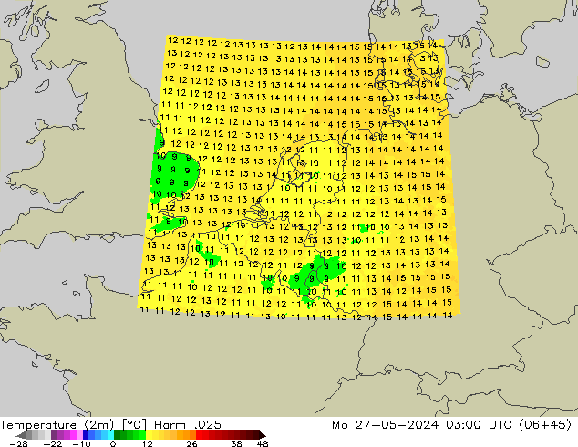 Temperature (2m) Harm .025 Mo 27.05.2024 03 UTC