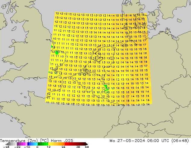 Temperaturkarte (2m) Harm .025 Mo 27.05.2024 06 UTC