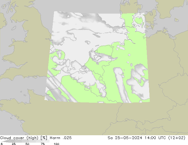 Cloud cover (high) Harm .025 Sa 25.05.2024 14 UTC