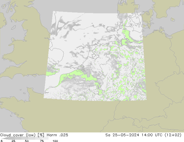 Cloud cover (low) Harm .025 Sa 25.05.2024 14 UTC