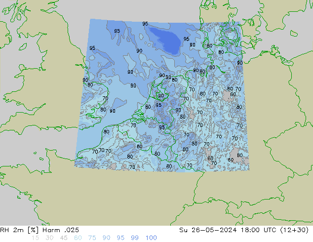 Humedad rel. 2m Harm .025 dom 26.05.2024 18 UTC