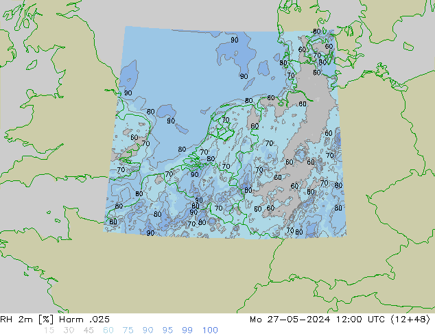 Humidité rel. 2m Harm .025 lun 27.05.2024 12 UTC