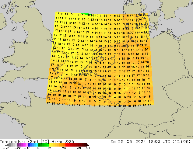 Temperatuurkaart (2m) Harm .025 za 25.05.2024 18 UTC
