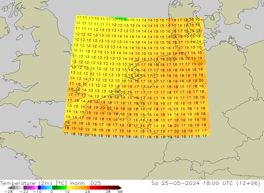 mapa temperatury (2m) Harm .025 so. 25.05.2024 18 UTC
