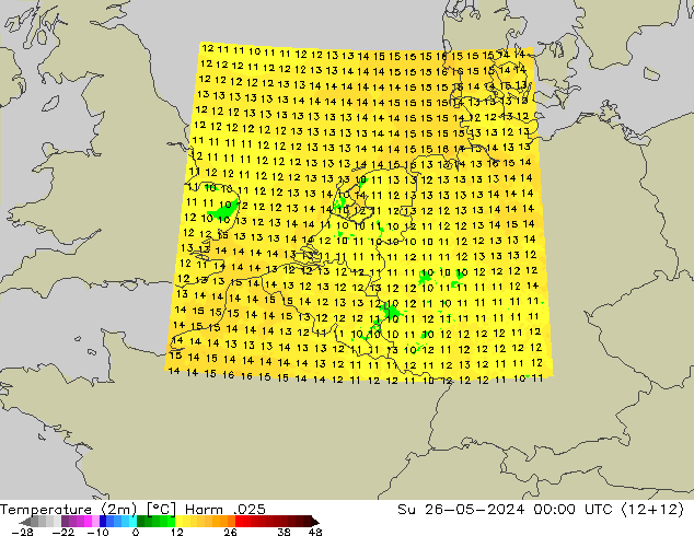 mapa temperatury (2m) Harm .025 nie. 26.05.2024 00 UTC