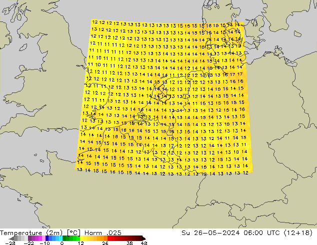 Temperaturkarte (2m) Harm .025 So 26.05.2024 06 UTC