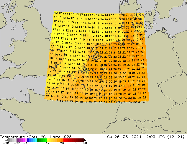 Temperatuurkaart (2m) Harm .025 zo 26.05.2024 12 UTC