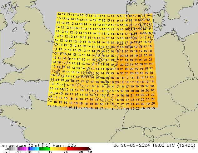 Temperatura (2m) Harm .025 dom 26.05.2024 18 UTC