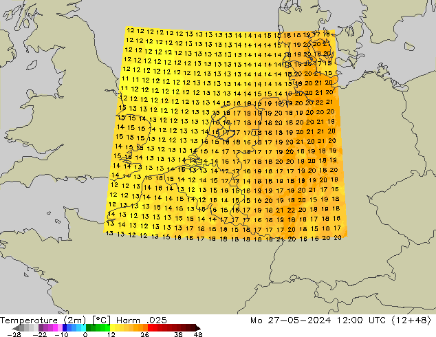 mapa temperatury (2m) Harm .025 pon. 27.05.2024 12 UTC