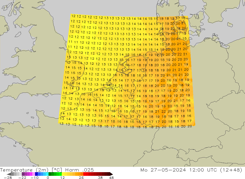 Temperaturkarte (2m) Harm .025 Mo 27.05.2024 12 UTC