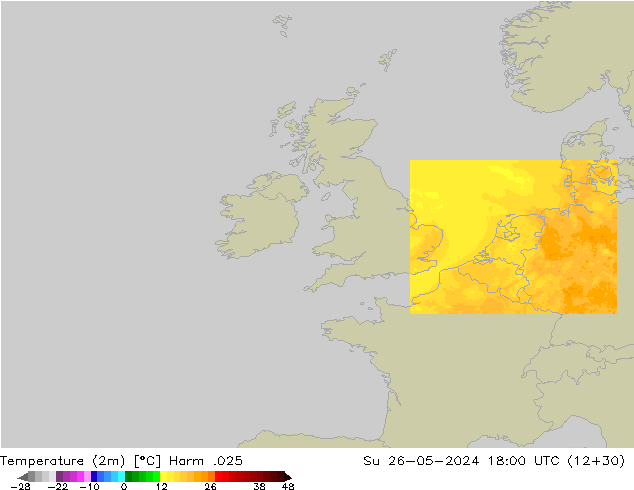 Temperatuurkaart (2m) Harm .025 zo 26.05.2024 18 UTC