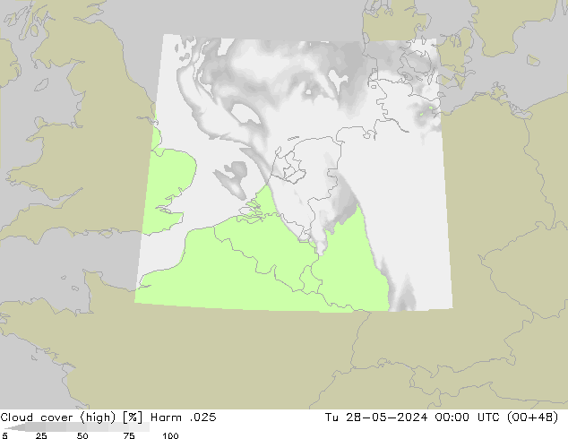 Cloud cover (high) Harm .025 Tu 28.05.2024 00 UTC