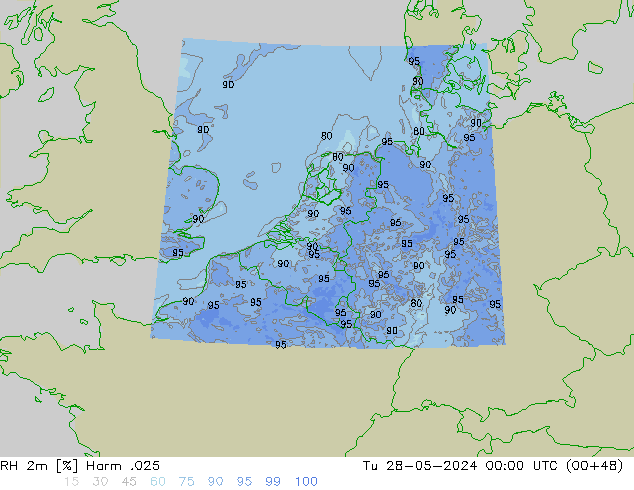 Humidité rel. 2m Harm .025 mar 28.05.2024 00 UTC