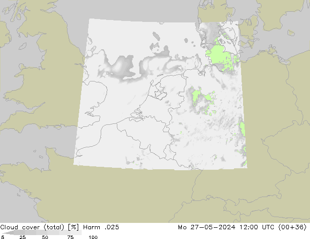 Cloud cover (total) Harm .025 Mo 27.05.2024 12 UTC