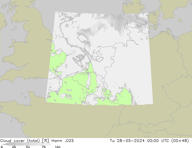 Bewolking (Totaal) Harm .025 di 28.05.2024 00 UTC