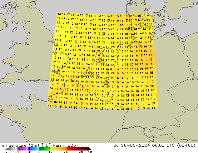 Temperaturkarte (2m) Harm .025 So 26.05.2024 06 UTC