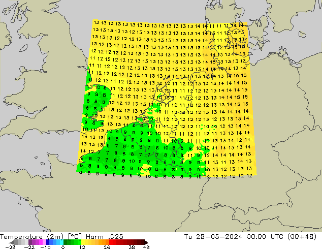 mapa temperatury (2m) Harm .025 wto. 28.05.2024 00 UTC