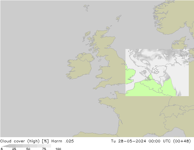 Cloud cover (high) Harm .025 Tu 28.05.2024 00 UTC