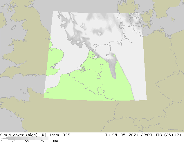 Cloud cover (high) Harm .025 Tu 28.05.2024 00 UTC