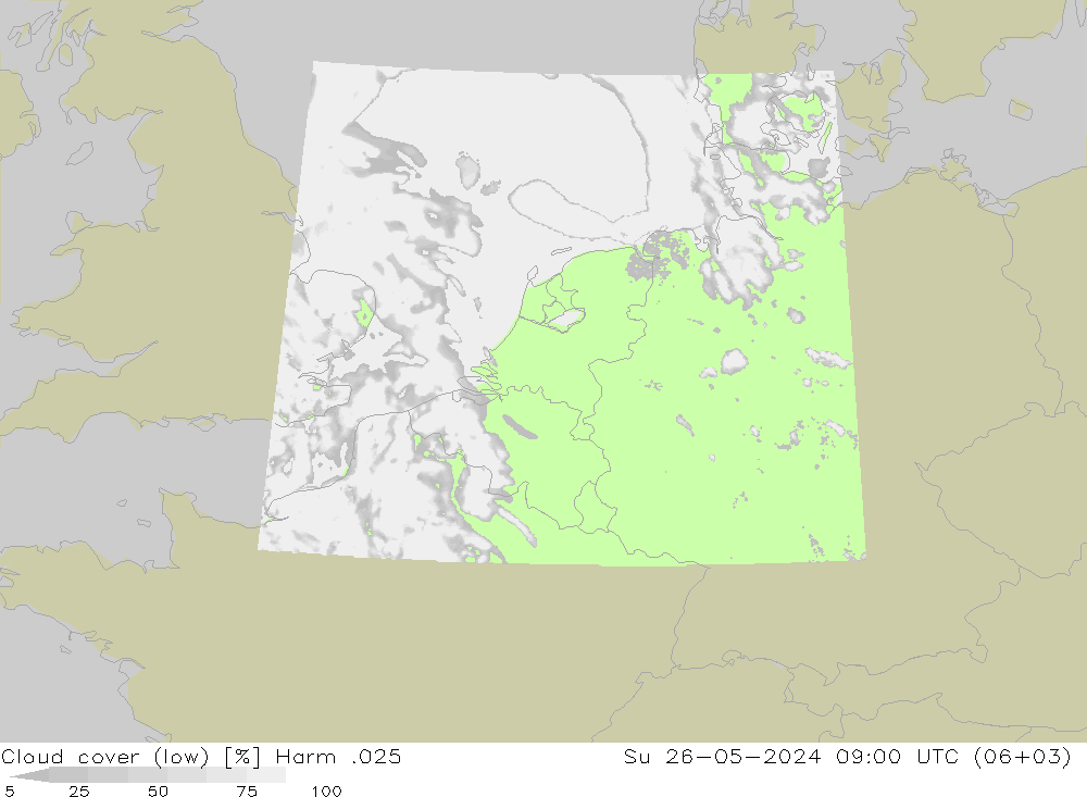 Cloud cover (low) Harm .025 Su 26.05.2024 09 UTC