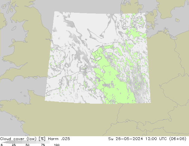 Cloud cover (low) Harm .025 Su 26.05.2024 12 UTC