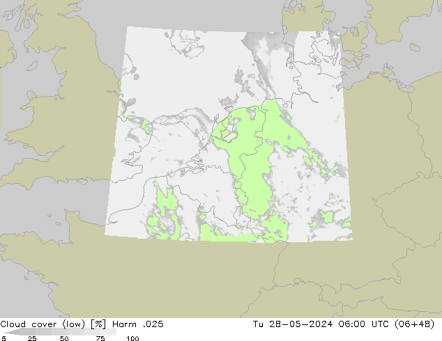 Cloud cover (low) Harm .025 Tu 28.05.2024 06 UTC