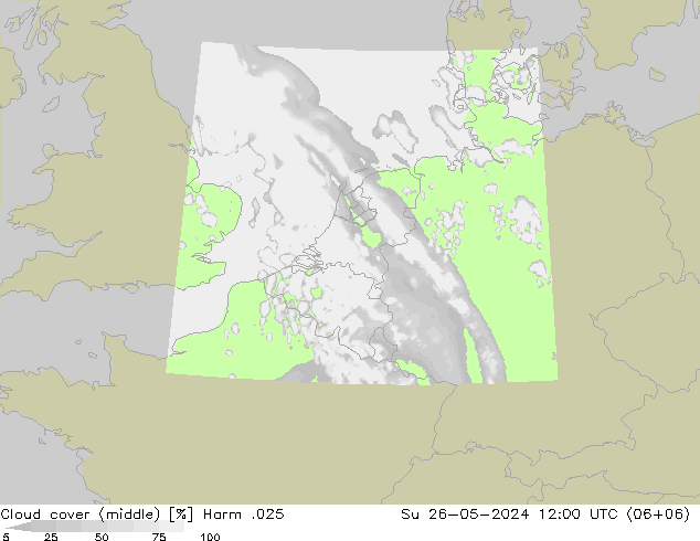 Cloud cover (middle) Harm .025 Su 26.05.2024 12 UTC