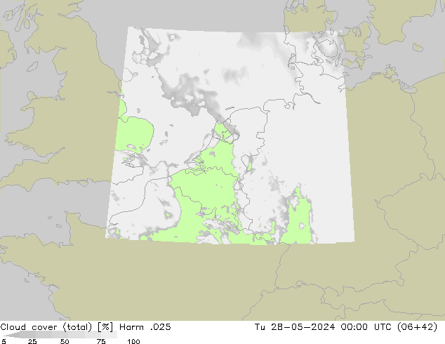 Cloud cover (total) Harm .025 Tu 28.05.2024 00 UTC