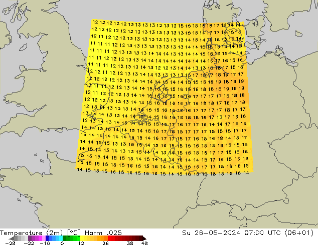 Temperatuurkaart (2m) Harm .025 zo 26.05.2024 07 UTC