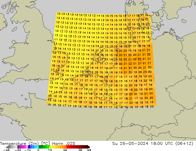 Temperatuurkaart (2m) Harm .025 zo 26.05.2024 18 UTC