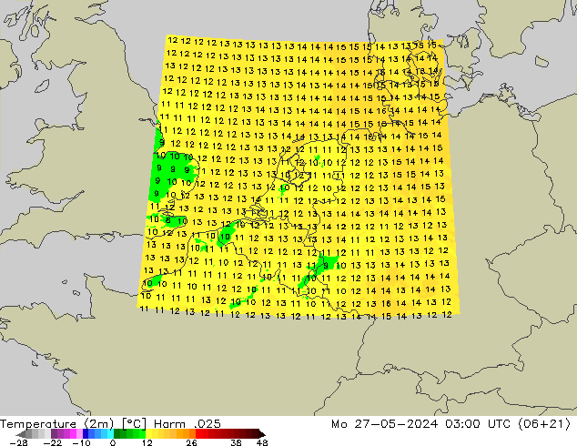 Temperature (2m) Harm .025 Mo 27.05.2024 03 UTC