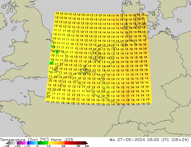 mapa temperatury (2m) Harm .025 pon. 27.05.2024 06 UTC