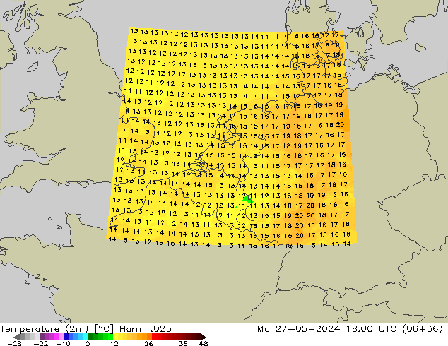 Temperature (2m) Harm .025 Mo 27.05.2024 18 UTC