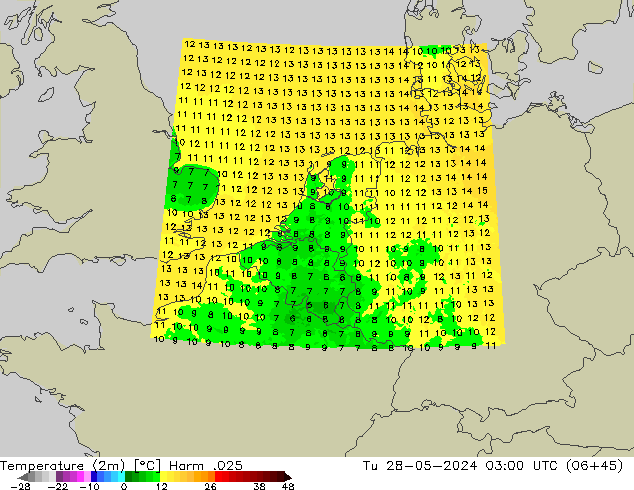 Temperature (2m) Harm .025 Út 28.05.2024 03 UTC