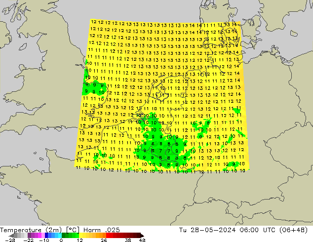 mapa temperatury (2m) Harm .025 wto. 28.05.2024 06 UTC