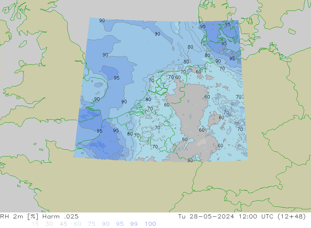 Humedad rel. 2m Harm .025 mar 28.05.2024 12 UTC
